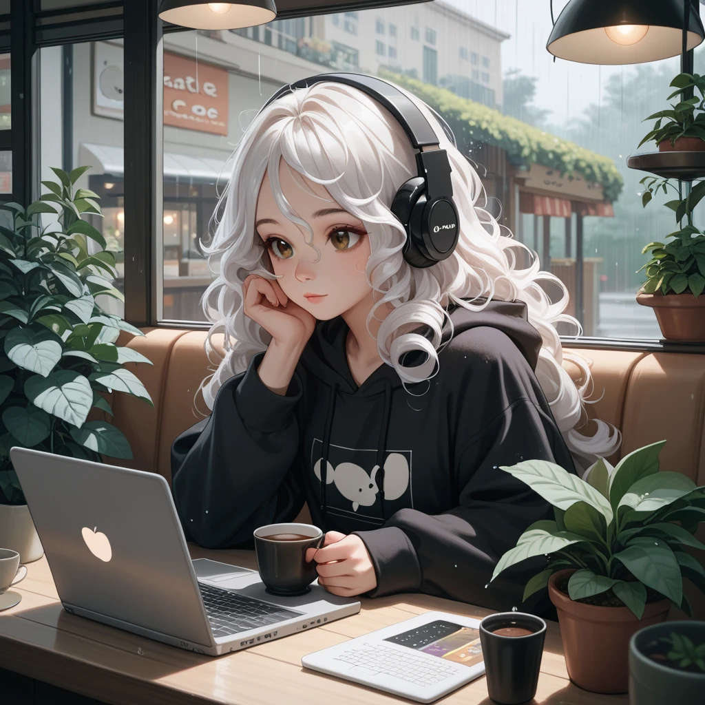 The most beautiful girl ever, Cafe、 headphones、rain、white hair, Long Hair, High Resolution, High Resolution, High Details, brown eyes, curly hair, coffee, oversized hoodie, laptop, plants in background with cafe, 