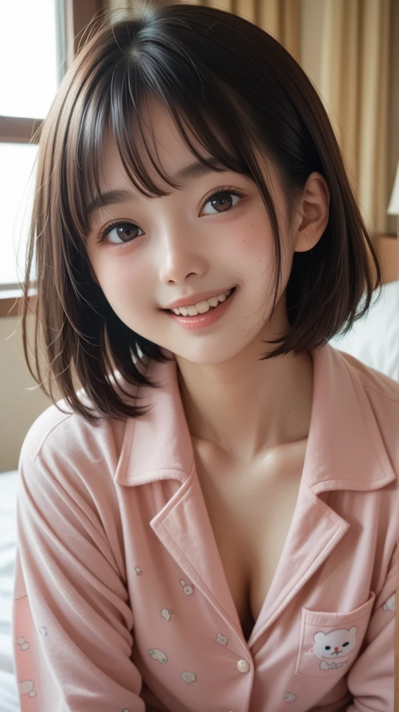 (score_9,score_8_up,score_7_up,Extremely high quality pictures ),  1 girl , Alone、Teenage Japanese woman 、In pajamas、 upper body raised in bed、 looking at me with a smile 、Bright sunlight coming through the window 、whole body