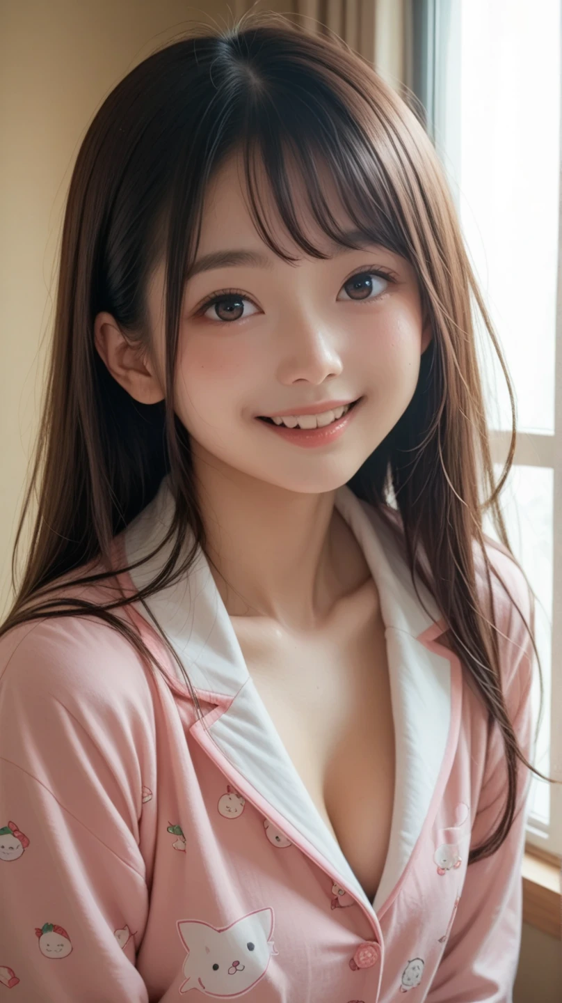 (score_9,score_8_up,score_7_up,Extremely high quality pictures ),  1 girl , Alone、Teenage Japanese woman 、In pajamas、 upper body raised in bed、 looking at me with a smile 、Bright sunlight coming through the window 、whole body