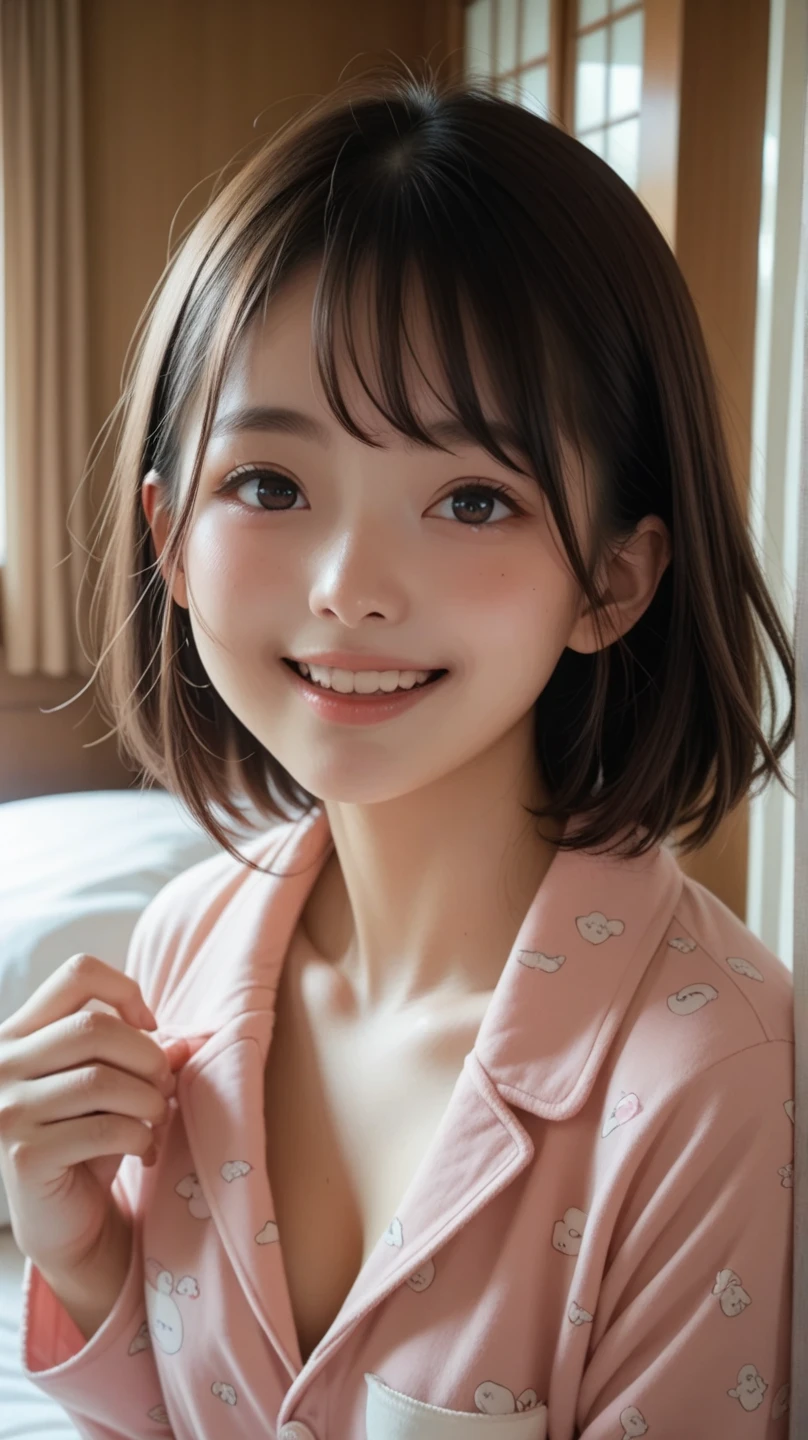 (score_9,score_8_up,score_7_up,Extremely high quality pictures ),  1 girl , Alone、Teenage Japanese woman 、In pajamas、 upper body raised in bed、 looking at me with a smile 、Bright sunlight coming through the window 、whole body