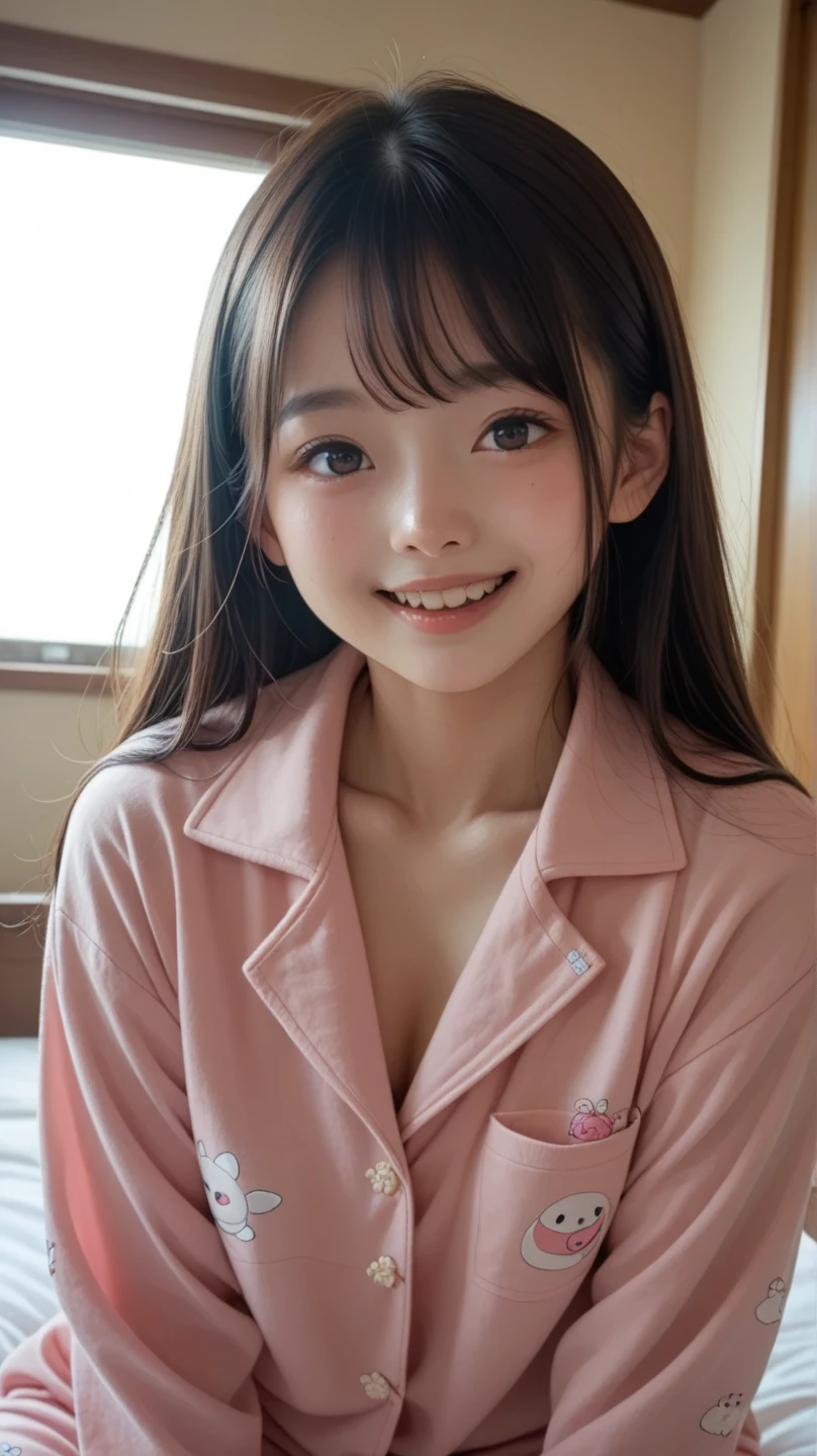 (score_9,score_8_up,score_7_up,Extremely high quality pictures ),  1 girl , Alone、Teenage Japanese woman 、In pajamas、 upper body raised in bed、 looking at me with a smile 、Bright sunlight coming through the window 、whole body