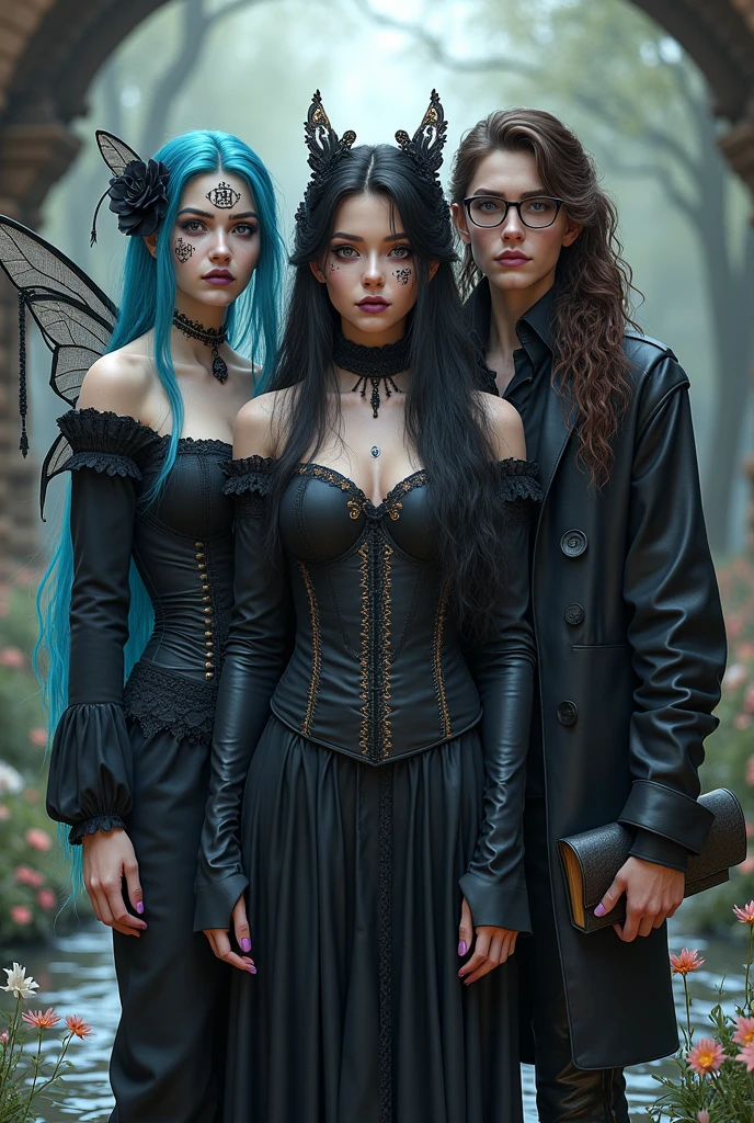 blurred image of three people in costume posing for a photo, goth family, wearing fancy formal clothes, Gothic and futuristic, elegant glamor pose, black leather robes! intrikate, vampre the masquerade, black rococo, gothic horror vibes, black haute couture, FUTURISTIC BLACK, lascivious pose, inspired by Rudolf von Alt, black and white slinky robes!