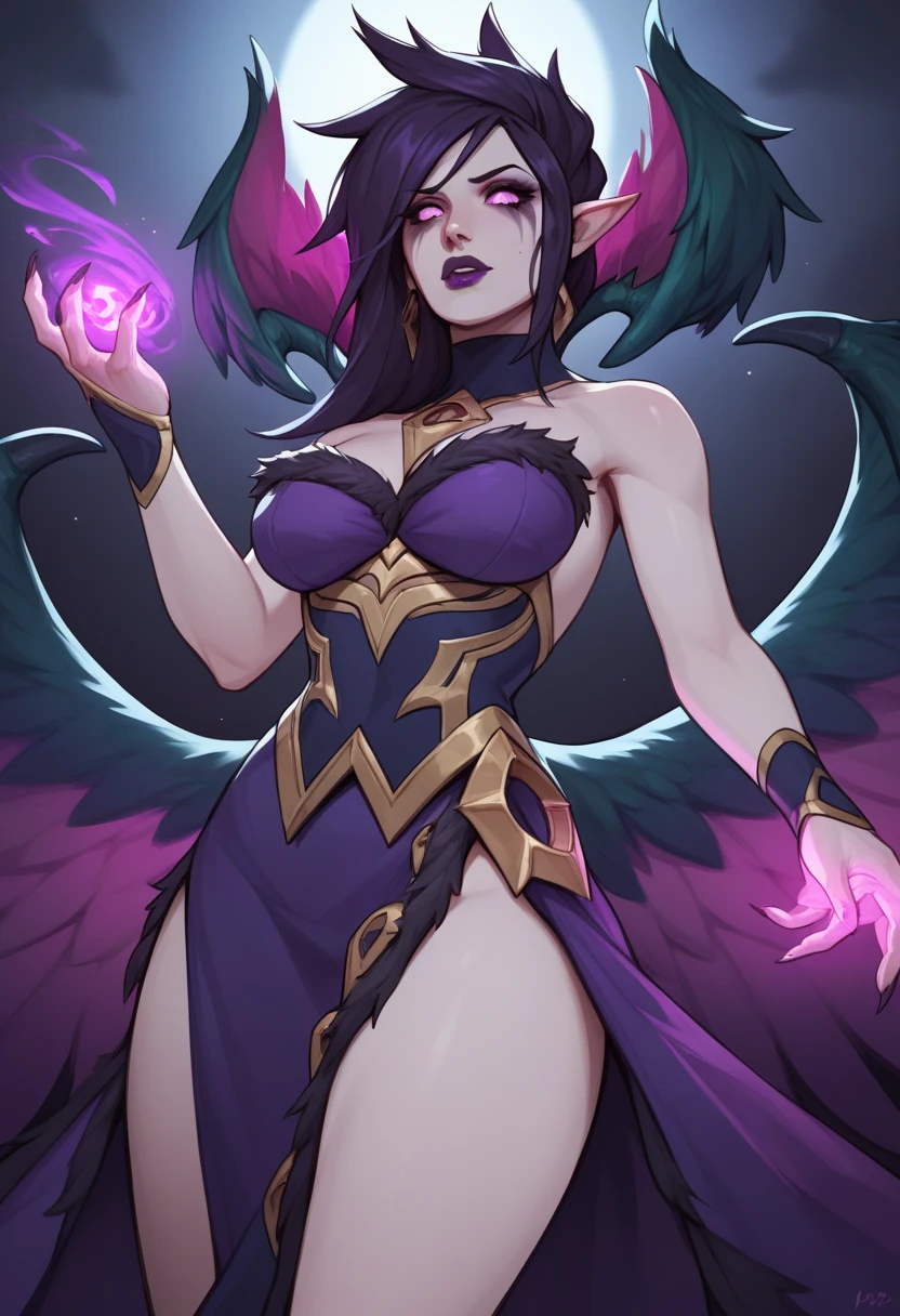 score_9, score_8_up, score_7_up, score_6_up, M0rg4n4, morgana, 1girl, purple eyes, pointy ears, makeup, purple lips, long hair, black hair, purple hair, dress, purple dress, strapless dress, bare shoulders, wings, feathered wings, black wings, 
from below, looking at viewer, morana na skin azul