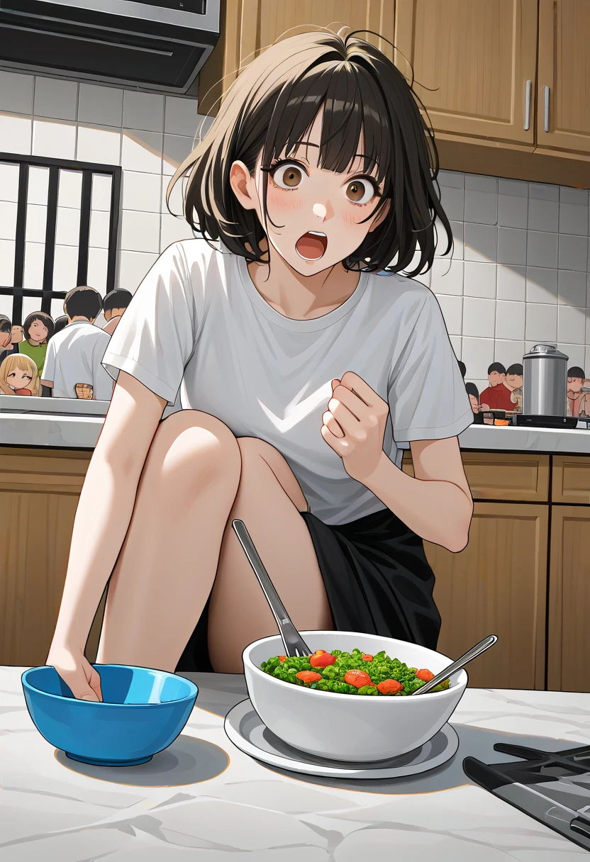 
anime woman in a kitchen with salt shaker in hand, dynamic pose, vibrant colors, brown eyes, black messy hair, cooking salad, shocked face, screaming, wearing white  t-shirt, wearing light beige lace panties, 2d anime style, wide angle lens, clean detailed anime art, seductive anime woman, ecchi anime style, made with anime painter studio, clean anime art, ecchi, kitchen background, early morning lights, exposed thighs, crowd