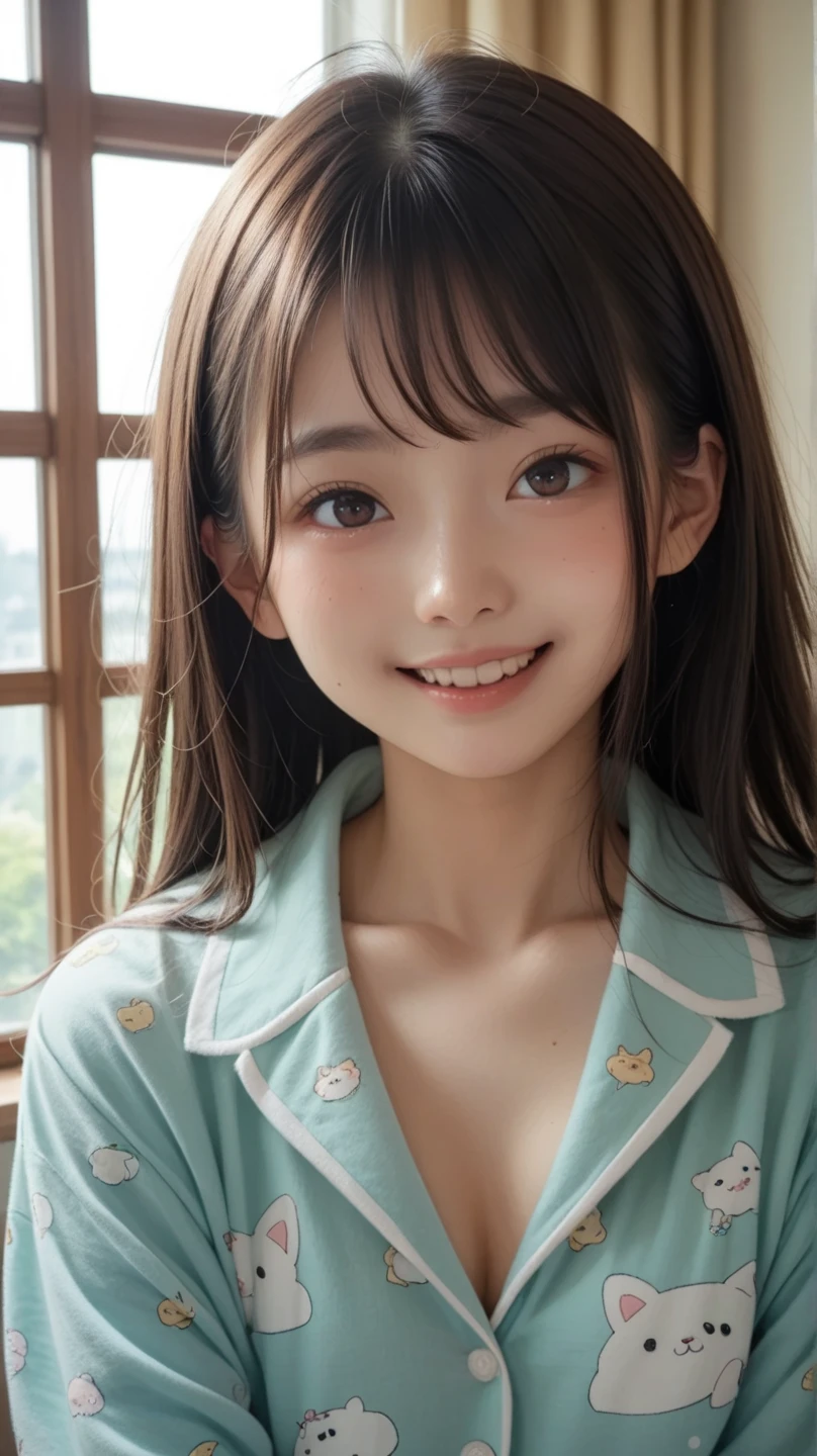 (score_9,score_8_up,score_7_up,Extremely high quality pictures ),  1 girl , Alone、Teenage Japanese woman 、In pajamas、I have a slight chest、 upper body raised in bed、 looking at me with a smile 、Bright sunlight coming through the window 、whole body