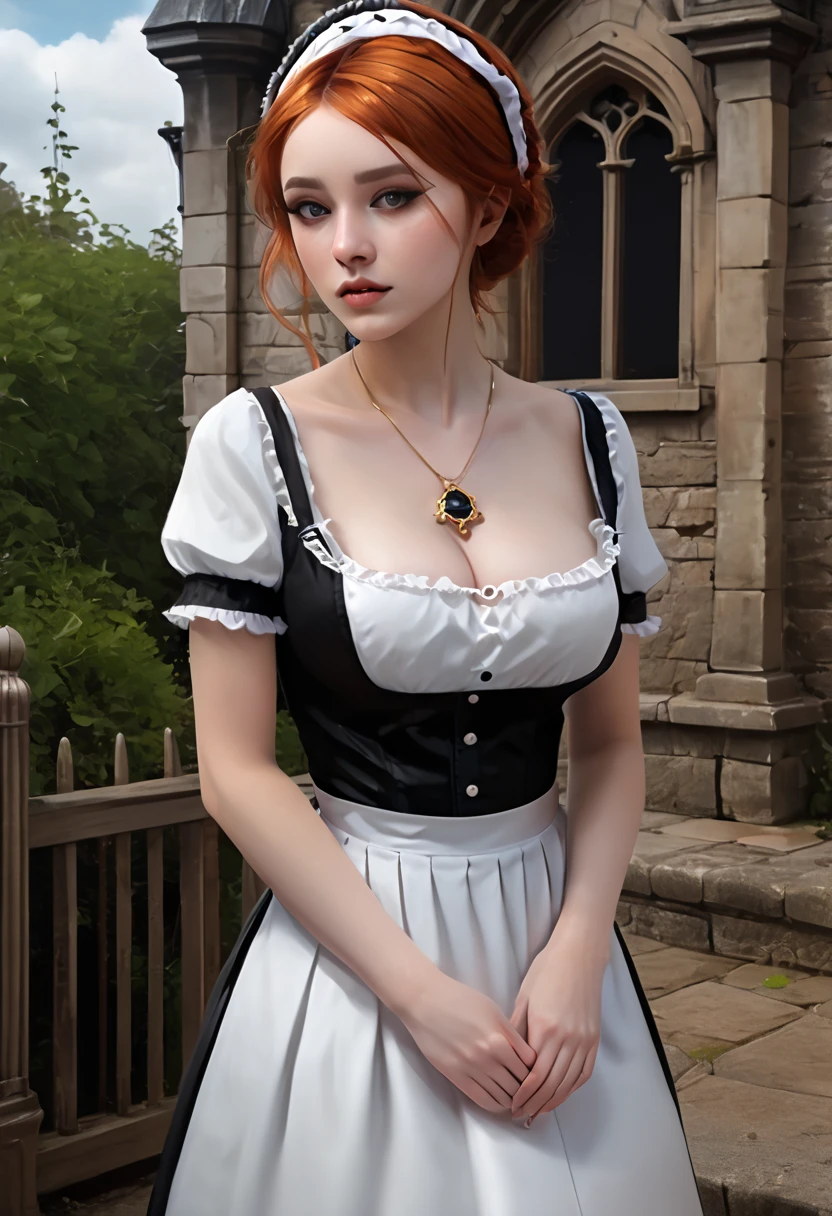 SOCAlexia girl dressed as a maid with big breasts. (Gothic style), beautiful detailed eyes, extremely detailed face and features, long eyelashes, ginger bob hair, (Highly detailed, 8k wallpaper), huge breasts, mini skirt, shy,  Gothic castle background. Professional, Gorgeous, Intricate, high detailed, necessary, dramatic realism art, 3D, 8k 4k, (Detailed face and eyes:1.3), 