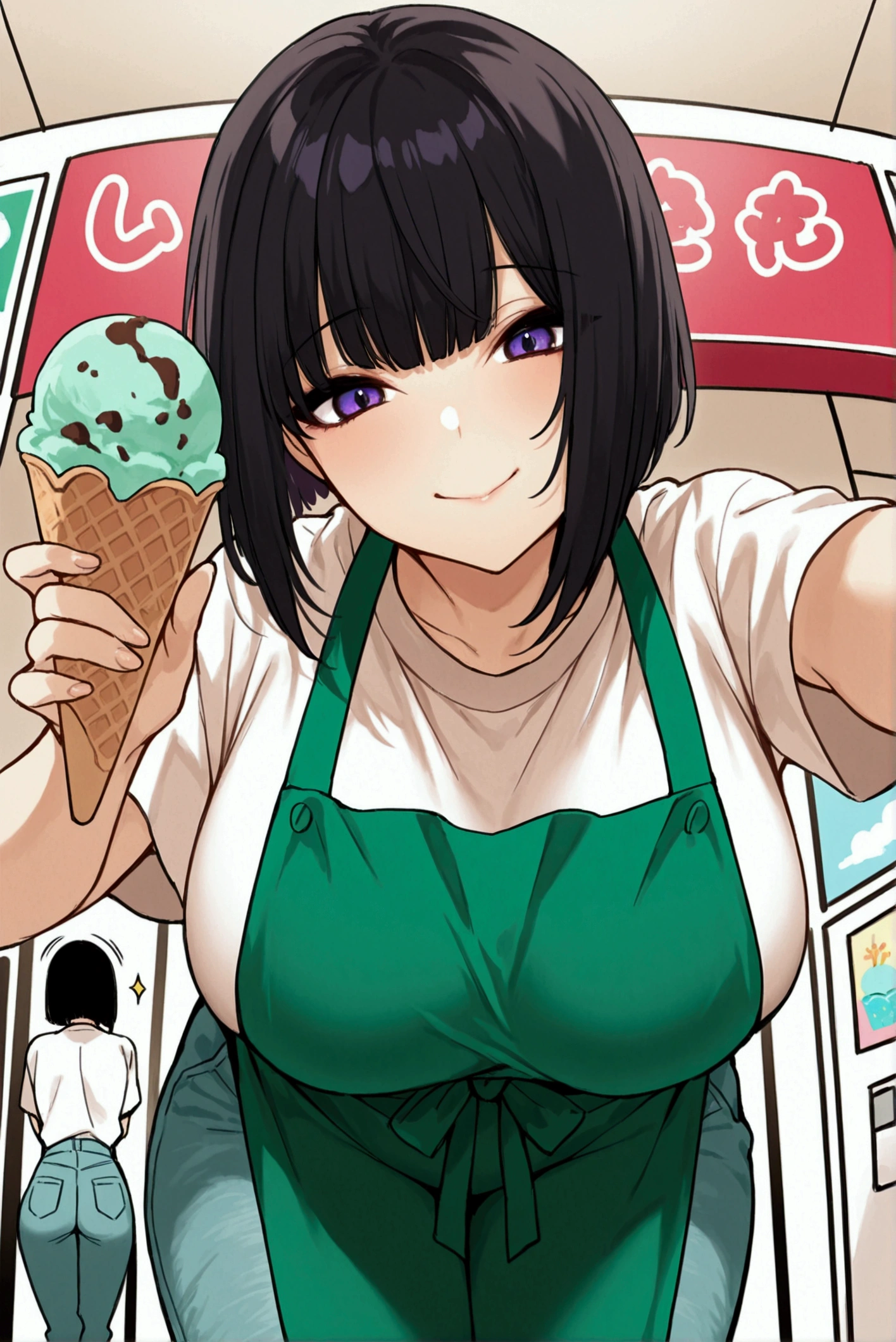 alone, girl, white shirt, green apron, ice cream seller, ice cream truck, ice cream cone in hand, ice cream spoon, smile, violet eyes, black hair, bob cut, onee san, happy, big breasts, pants jeans, leaning forward, from below, pat head to viewer, poster quality, high definition, anime colors, ice cream on her cheek, score 9, masterpiece, beautiful, feminine, offering ice cream cone, green saleswoman cap