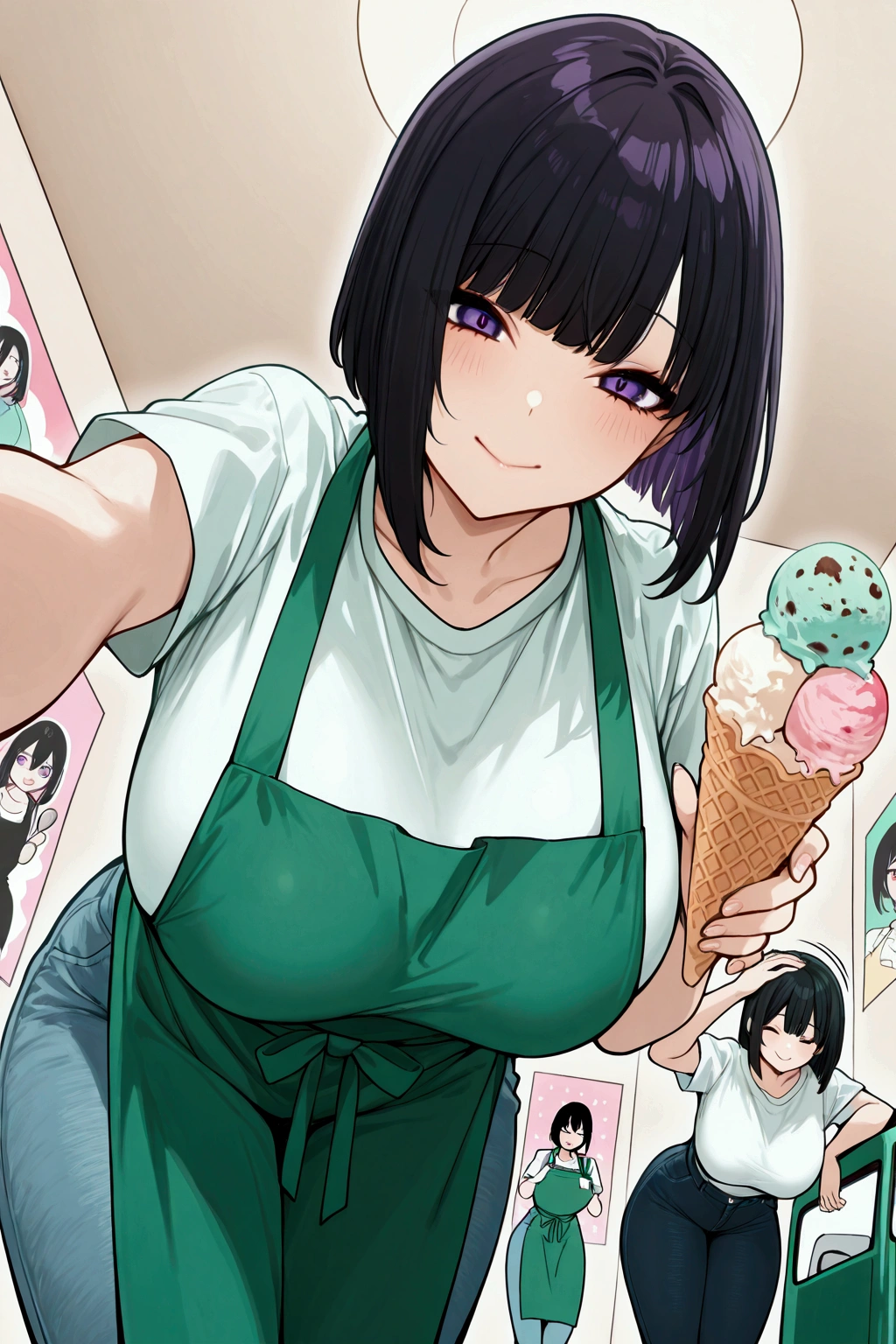 alone, girl, white shirt, green apron, ice cream seller, ice cream truck, ice cream cone in hand, ice cream spoon, smile, violet eyes, black hair, bob cut, onee san, happy, big breasts, pants jeans, leaning forward, from below, pat head to viewer, poster quality, high definition, anime colors, ice cream on her cheek, score 9, masterpiece, beautiful, feminine, offering ice cream cone, green saleswoman cap