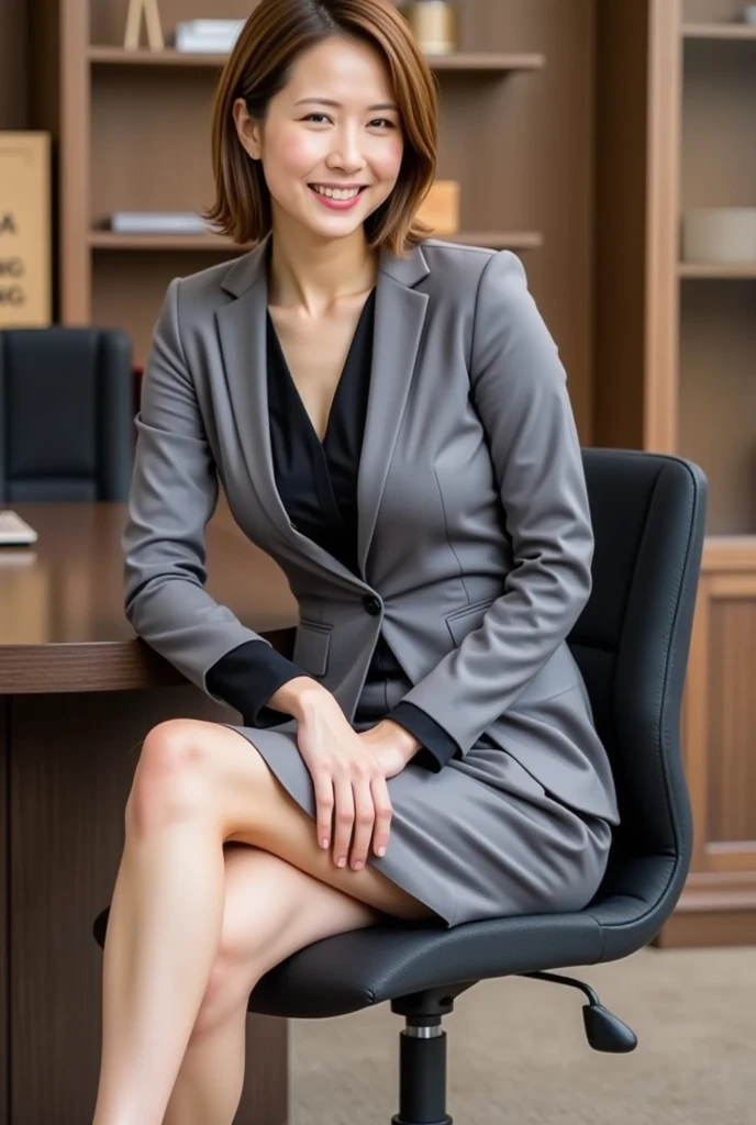  top quality,  realistic ,  very detailed bust, finely,  high definition , 8k wallpaper,  has her butt hidden in a , Age 30、wife、(whole body:1.5)  beautiful light brown hair,  push away your hips with a 、 business suit、 wears a slit skirt 、  sharp concentration , Meeting Room、Sit on a swivel chair、 perfect body,   beautiful eyes ,  Model Body Type 、Beautiful leg curves 、Thin legs、( crosses legs:1.3)、 high heels、 office、 private room 、 is a smiling face 、
