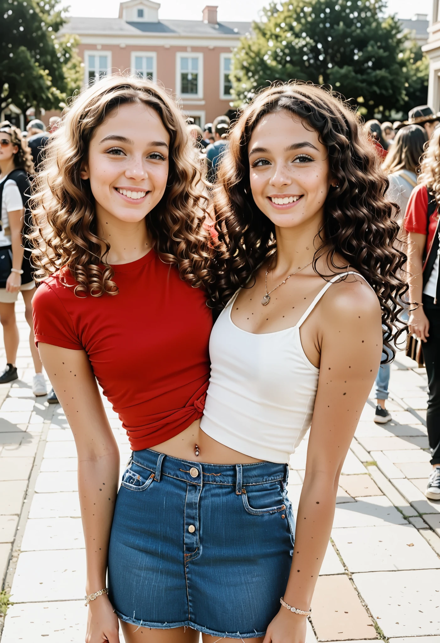 Sisters、28 years old, curly har, straight hair, hipster fashion, at a college party, (two torsos:1.3), 2girls,