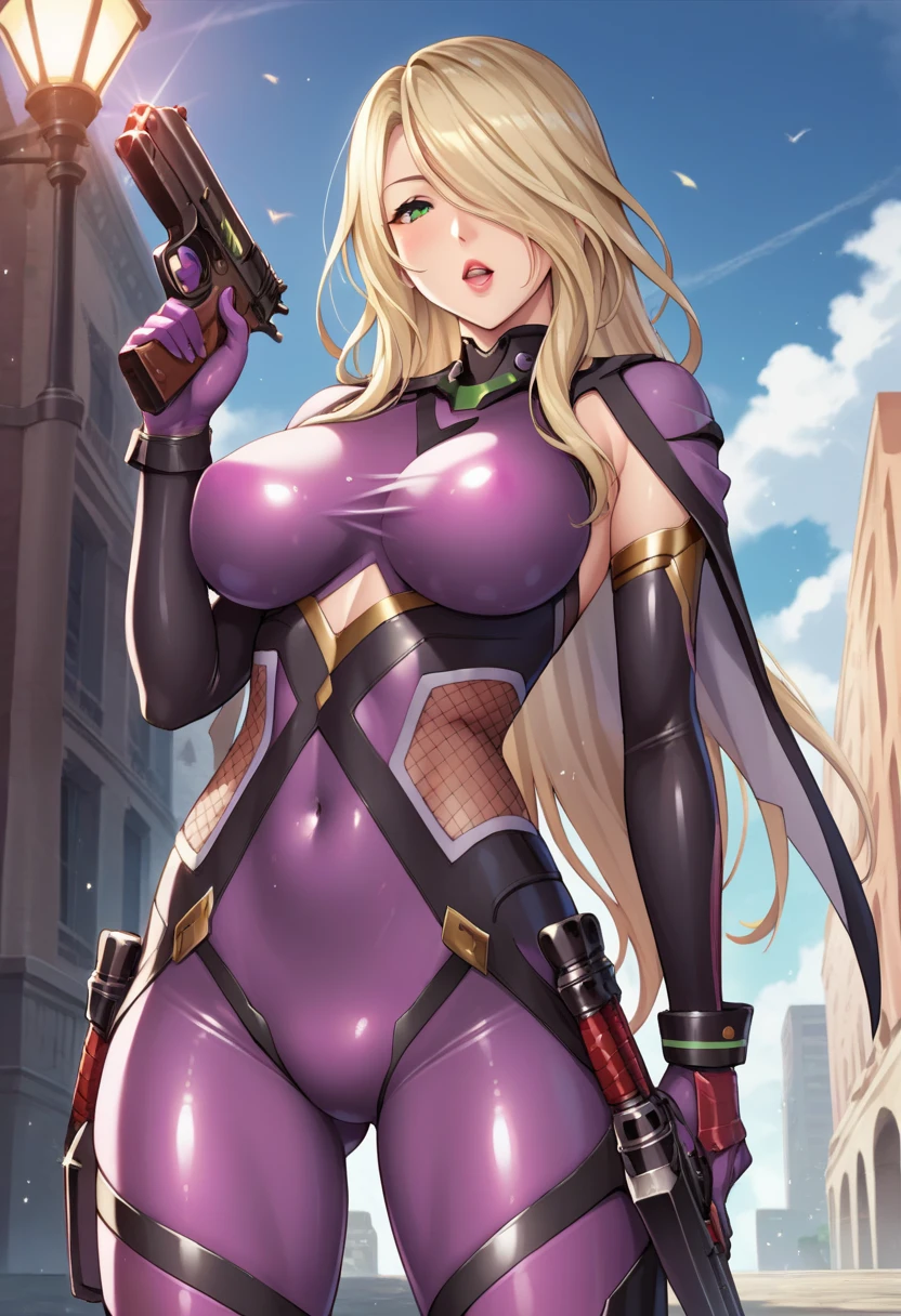 PonyXLV6_Scores,source_anime,masterpiece,best quality, highly detailed, perfect anatomy,amazing quality,
BREAK
 kaworu,1girl, solo, breasts, long hair, blonde hair, green eyes, large breasts, hair over one eye, covered navel, bodysuit, looking at viewer,  clothes, skin tight, gloves, parted lips,  purple bodysuit, gradient, elbow gloves, bodysuit, fishnets,side cutout,outdoors, (nsfw) not safe for work, navel, evil expression, exposed belly, exposed navel, exposed midriff,
exposed lower belly, , open mouth, holding a gun, holding pistol,