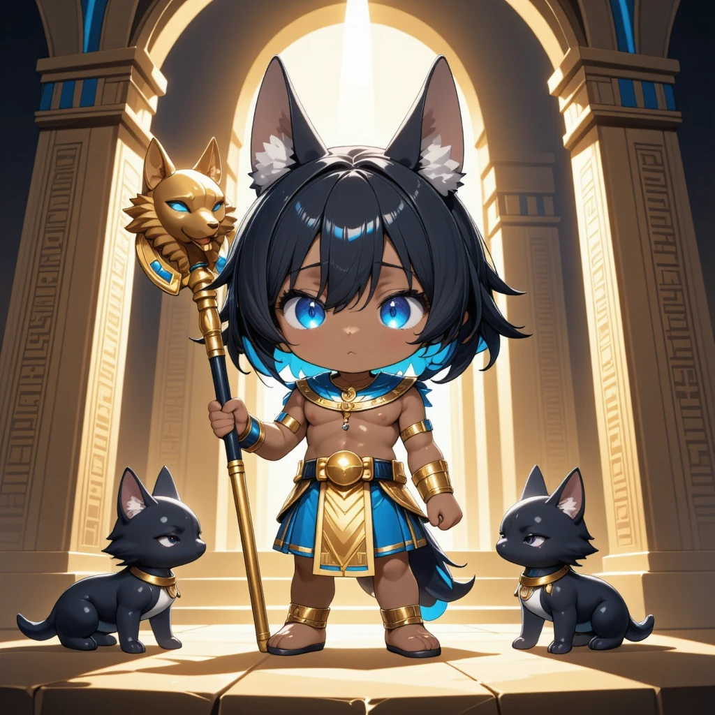 masterpiece, best quality, 8k resolution, ultra-detailed, vibrant colors, chibi Anubis boy, humanoid with jackal features, cute and serious expression, large black jackal ears on his head, short black jackal tail, slightly tanned dark skin, glowing blue eyes, Egyptian-inspired black and gold hair with blue streaks, wearing traditional Egyptian funerary attire (detailed gold and blue jewelry, golden arm guards, and royal nemes headdress). Standing confidently, with one foot slightly forward, ((holding a staff with a golden jackal head as the top, detailed with glowing blue eyes and Egyptian hieroglyph patterns)), staff shaft decorated with gold and blue accents and subtle hieroglyph carvings. Two small black jackals with sleek fur and glowing blue eyes sit on either side of him, one looking up at him obediently, the other scanning the surroundings warily. Background: ancient Egyptian tomb interior, sandstone walls with detailed golden hieroglyphs, soft mystical rays of light filtering through cracks in the sandstone ceiling, dust particles glowing in the air, warm mystical lighting, sharp focus, balanced anime style, digital painting.
