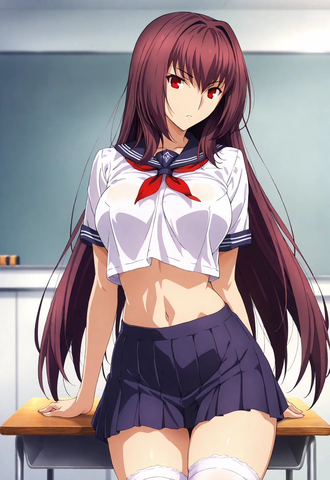 high resolution, masterpiece, necessary, detail, best quality, quality, necessary, tall details, High details, precise, 
 
1girl, solo, ufotable style, ufotable anime, looking at viewer

Scathach, scathach Fate Grand Order, fate,  Fate Grand Order, long hair, red eyes, midriff, schoolgirl, miniskirt, white long stockings, thighs
