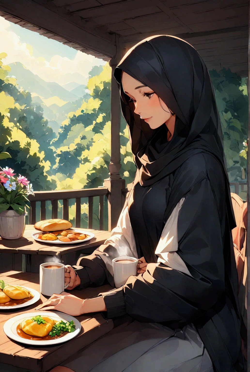 (masterpiece, best quality:1.5), abandoned train, in a flower field, 1girl, black hijab, bottomless, open shirt, open pants, warm, summer, vibrant colors, best lighting, best shadows, wet, hot.