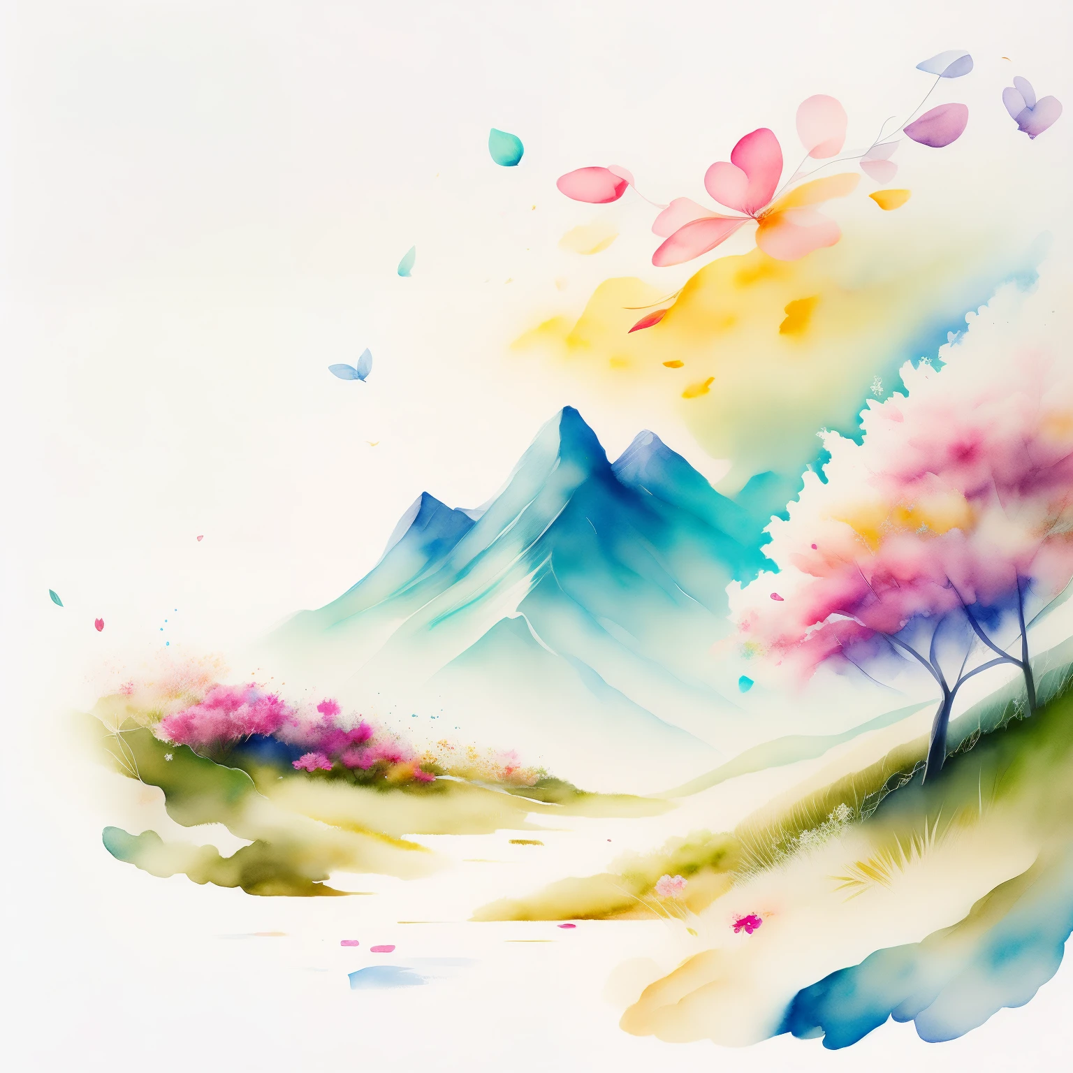 watercolor paiting、Landscapes drawn by skilled animators、petals dancing in the wind、rzminjourney、vector-art、white backgrounid、central、Pink and yellow and blue and green、springtime、Beautiful fece、Beautiful、Attracted by the wind、Very clear and clean images、