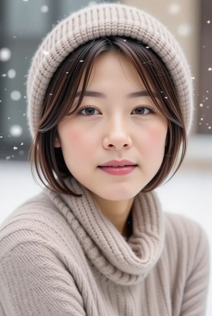 ( top quality,4K,8k, high definition ,masterpiece:1.2), very detailed bust,( realistic , realistic :1.3), slender Japanese woman staring at camera、wife、Age 30、 cute face、smile、Snow in the background、 high definition 、 high definition 画像、( Warm your hands with your breath  :1.5)、Knitted hat、(  mouth、Sigh:1.5)、(White Breath:1.2)、snowy background 、 snow continues to fall 
