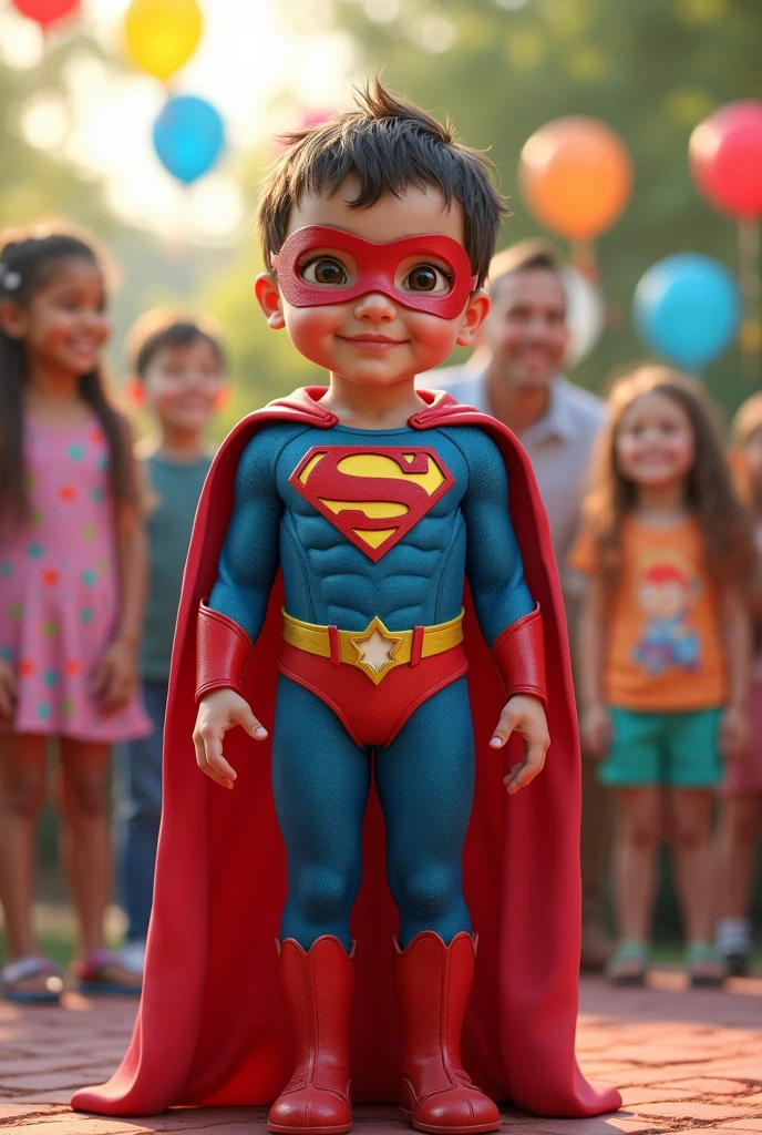 GuttonerdVision4, a three-year-old boy wearing glasses, super detailed, wearing Superman's outfit, flying and floating between tall buildings of a city. Realistic, hyper detailed, cinematic