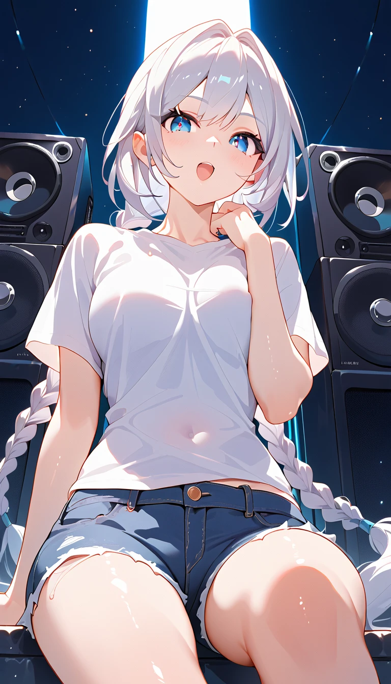 masterpiece,  Best Quality , Fraction_9, Fraction_8_up, Fraction_7_up, source_ Japanese Cartoons,  Huge Speaker ,  expressive eyes, White hair, Double braid,  blue eyes , Big , Alternate Outfit , ( white shirt ), Short sleeve, denim shorts, Sitting, (Lean forward:1.3), panic, open mouth, Very close perspective , (From below)