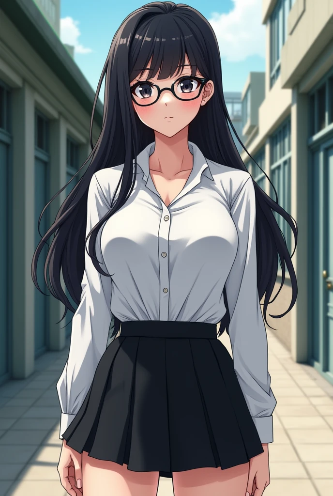  Manga-style character  ,  18-year-old girl,  long black hair ,  dark eyes,  athletic body with legs  , and attractive breasts  ,  wearing a white dress shirt from high school,  wearing a short black high school skirt , Wearing ordinary glasses ,  gets a serious face 