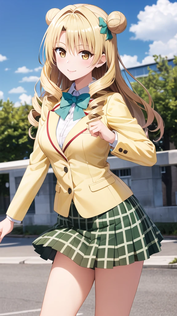 masterpiece, best quality, highres, 1girl, solo, long hair, blonde hair, double bun, drill hair, brown eyes, school uniform, green bowtie, blazer, yellow jacket, long sleeves, plaid skirt, green skirt, standing, cowboy shot, outdoors, smile,