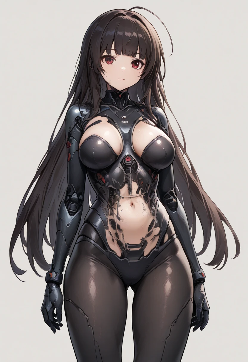 masterpiece, best quality, extremely detailed, (8K, 4K, Best Quality, hight resolution, 超A high resolution:1.1), ,8k portrait, Japaese android Girl,Plump , dark black leg cover,announcer,control panels,android,Droid,Mechanical Hand, Robot arms and legs, Black Robot Parts,Black long hair,Mechanical body,Blunt bangs,perfect mechanical abdomen,White robotics parts,perfect robot woman,future laboratory,cyber pank,charging spot,laboratory,long tube,thick cable connected her neck,white ceramic body ,perfect mechanical body, white robot body,lod antenna,mechanical ear cover,android,robot humanoid,black sponge joints,The removable cover is in the groin,The connection port is in the groin,opened chest panel,access panel on the chest,opened breast panel,perfect mechanical breast,perfect black machine body,perfect black android body,She has repaired,assembly plant,dark black tights,dark black leggings,smile,pussy,no human skin,visor