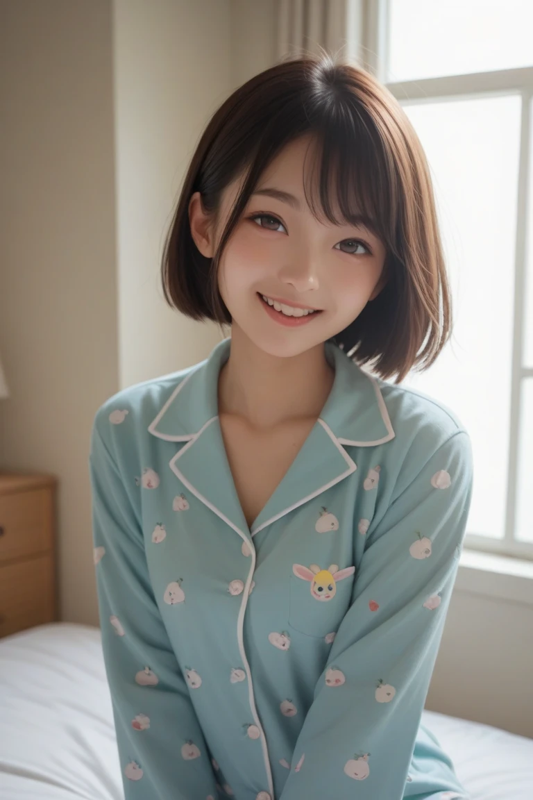 (score_9,score_8_up,score_7_up,Extremely high quality pictures ),  1 girl , Alone、Teenage Japanese woman 、In pajamas、I have a slight chest、 upper body raised in bed、 looking at me with a smile 、Bright sunlight coming through the window 、whole body