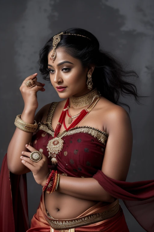 day scene, extreme close up photo of seductive indian model from top view wearing semi black and red sari and top with big breast, big cheeks, red Hollywood lips, squatting near shrub in a garden, hourglass figure, armpits, (blue eyes:1), ponytail, necklace, 30 yo, look at viewer and smile,horeses background (cinematic:1.3), intricate details, (ArtStation:1.2)