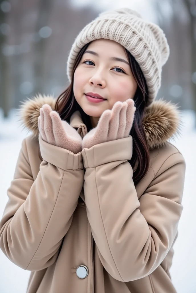 ( top quality,4K,8k, high definition ,masterpiece:1.2), very detailed bust,( realistic , realistic :1.3), slender Japanese woman staring at camera、wife、Age 30、 cute face、smile、Snow in the background、 high definition 、 high definition 画像、( Warm your hands with your breath  :1.5)、Knitted hat、(   cover your mouth with both hands :1.5)、(White Breath:1.2)、deep々And snow 、Winter coat
