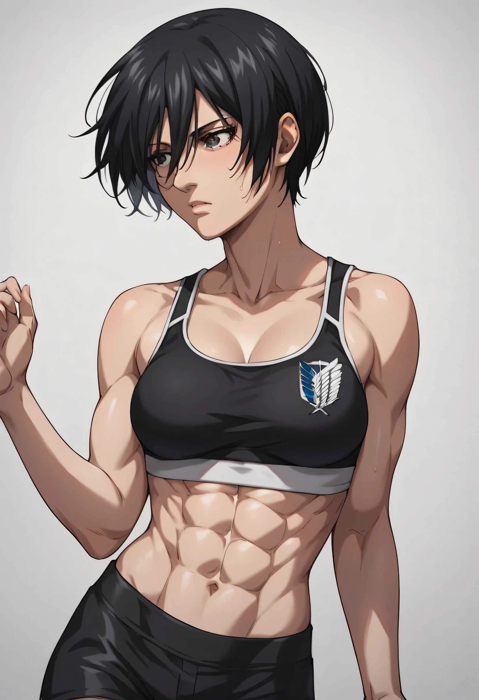 score_9, score_8_up, score_7_up, BREAK source_anime, adult mikasa ackerman, black eyes, black hair, short hair, wearing black sport bra and black sport shorts