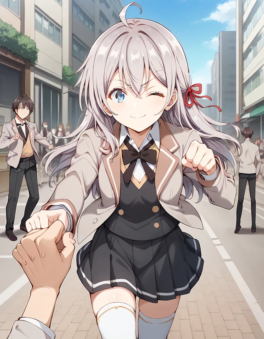 score_9, score_8_up, score_7_up, source_anime, outdoors, street, tokyo city, blue sky, crowd, BREAK
1girl, alya, long hair, silver hair, ahoge, crossed bangs, hair ribbon, sidelocks, blue eyes, school uniform, grey jacket, open jacket, long sleeves, red bow, white shirt, collared shirt, black vest, buttons, black dress, white thighhighs, kicking masachika, white panty, light smile, one eye closed, (squeezing masachika between her legs:1.5)
ADDCOL
1boy, solo, looking at viewer, masachika kuze, short hair, brown hair, hair between eyes, brown eyes, school uniform, grey jacket, long sleeves, open jacket, buttons, white shirt, collared shirt, black necktie, yellow sweater vest, black pants, looking at another