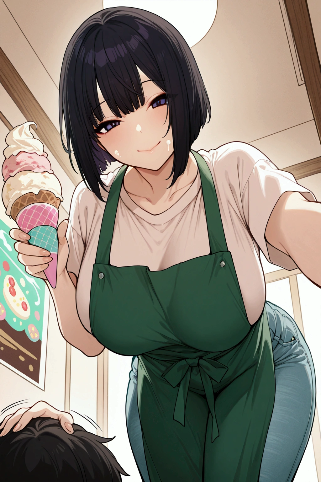 alone, girl, white shirt, green apron, ice cream seller, ice cream truck, ice cream cone in hand, lick sensual ice cream, dirty gaze, smile, violet eyes, black hair, bob cut, onee san, happy, big breasts, pants jeans, leaning forward, from below, pat head to viewer, poster quality, high definition, anime colors, ice cream on her cheek, score 9, masterpiece, beautiful, feminine, offering ice cream cone, green saleswoman cap