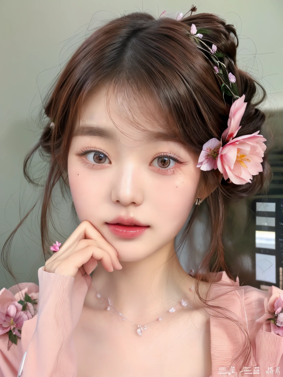 a close up of a woman with a flower in her hair, popular south korean makeup, popular korean makeup, ulzzang, cute natural anime face, kawaii realistic portrait, young adorable korean face, beautiful aesthetic face, sakimichan, soft makeup, beautiful japanese girls face, kawaii hairstyle, girl cute-fine-face, lovely delicate face, cute kawaii girl