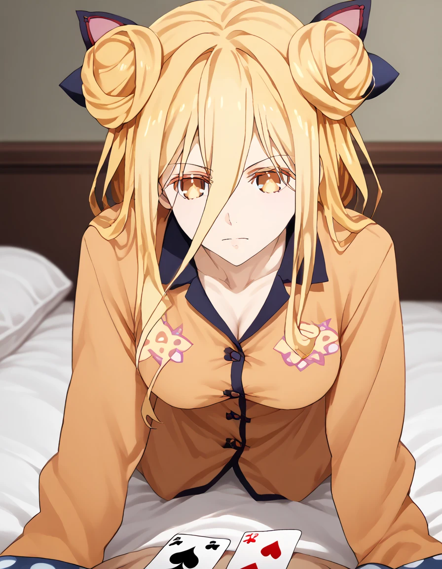 mukuro hoshimiya, date a live, Mukuro blonde in pajamas ,  accompanied by a black-haired boy and a brown boy.  Playing funny cards all on a bed 