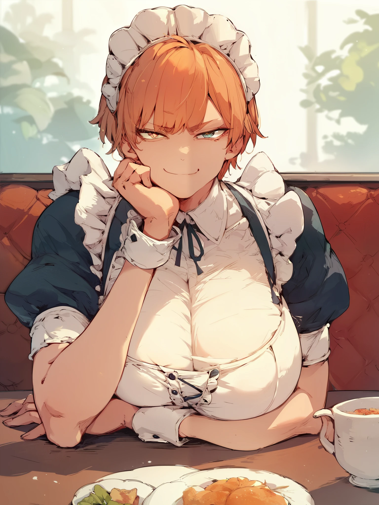 source_anime,
1girl, solo, sitting at restaurant table, wearing maid outfit, huge breasts, breasts on table, smug, chin_rest, looking at viewer