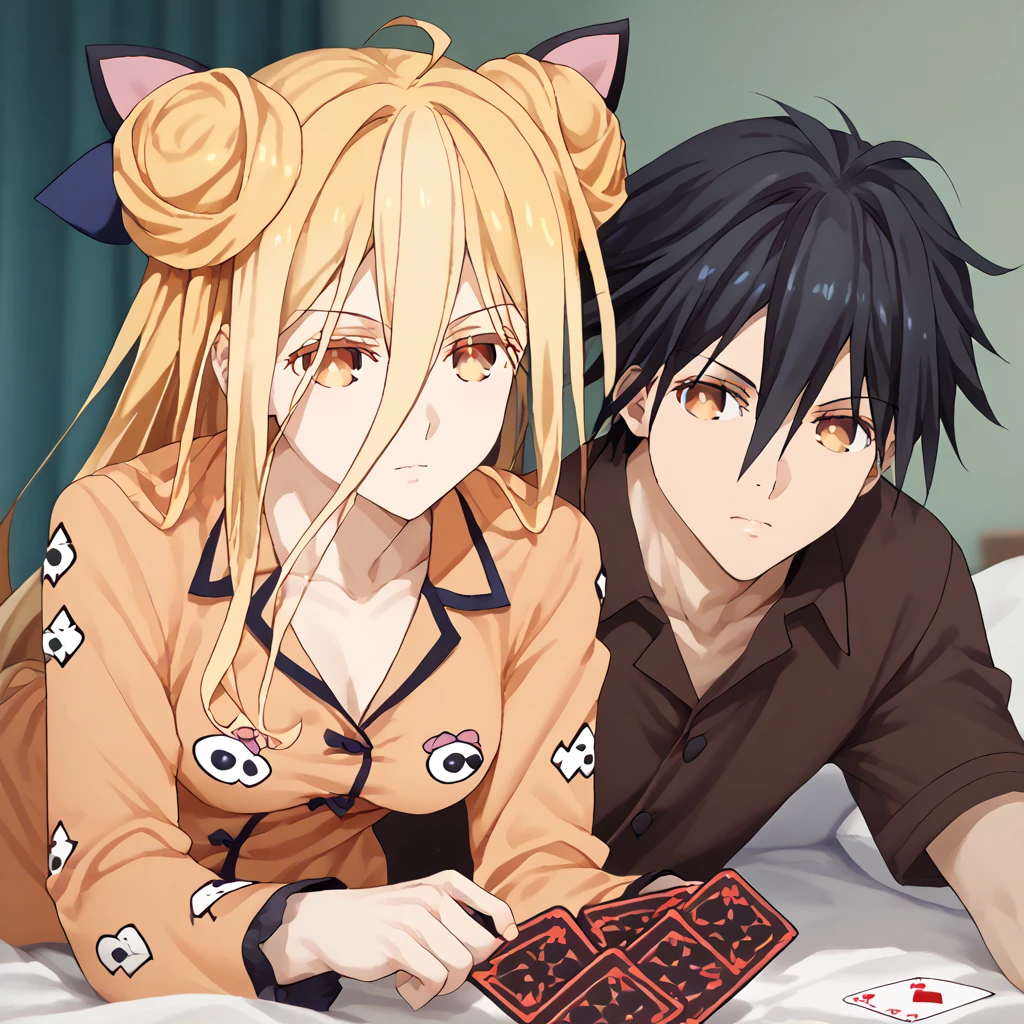 mukuro hoshimiya, date a live, Mukuro blonde in pajamas , accompanied by a black-haired boy and a brown boy.  Playing funny cards all on a bed 