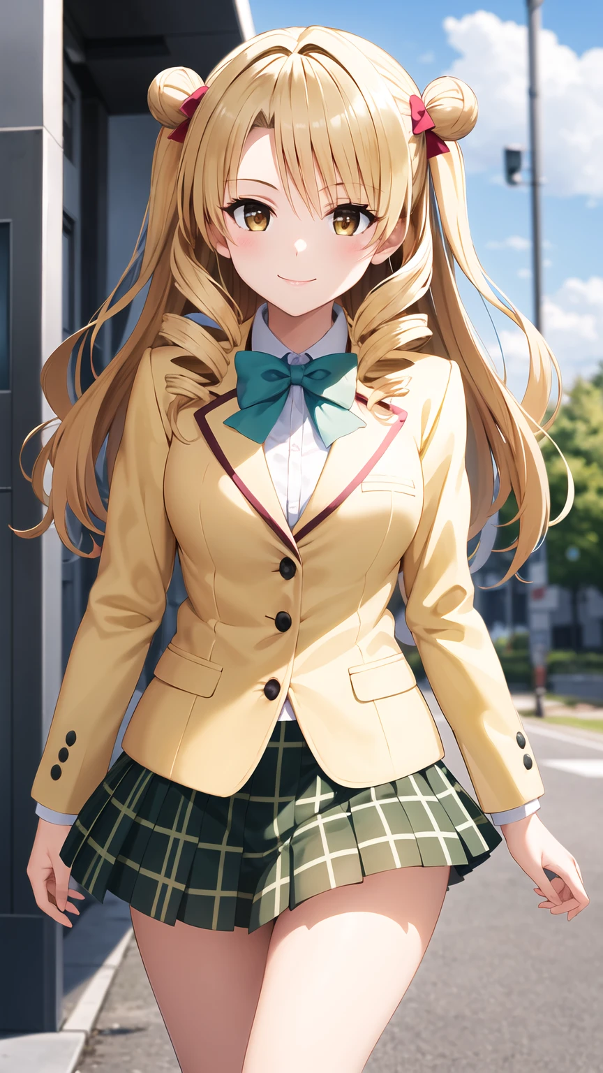 masterpiece, best quality, highres, 1girl, solo, long hair, blonde hair, double bun, drill hair, brown eyes, school uniform, green bowtie, blazer, yellow jacket, long sleeves, plaid skirt, green skirt, standing, cowboy shot, outdoors, smile,