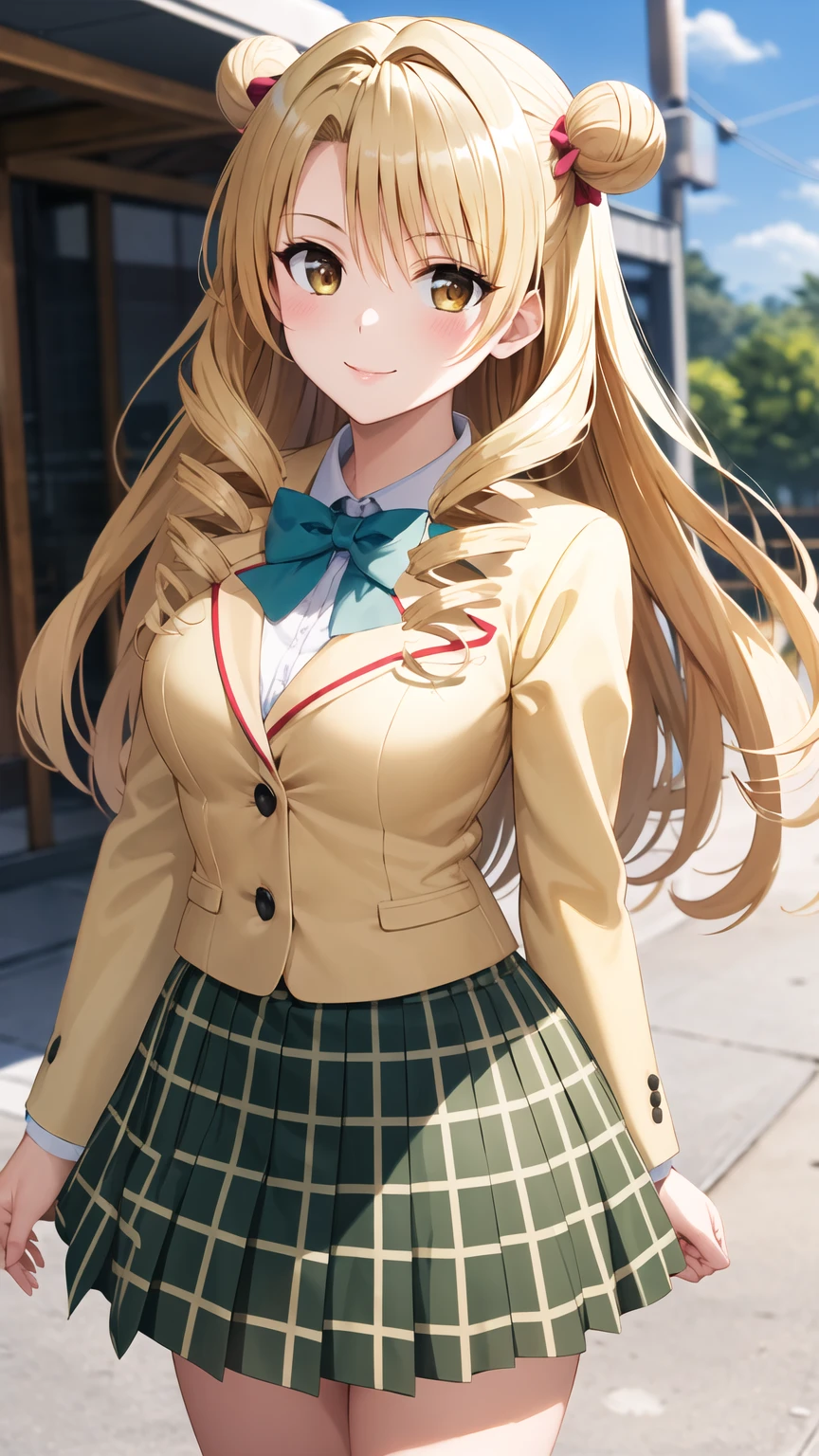 masterpiece, best quality, highres, 1girl, solo, long hair, blonde hair, double bun, drill hair, brown eyes, school uniform, green bowtie, blazer, yellow jacket, long sleeves, plaid skirt, green skirt, standing, cowboy shot, outdoors, smile,