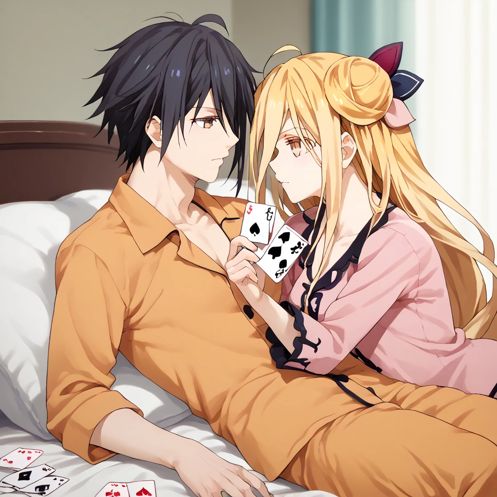 mukuro hoshimiya, date a live, Mukuro blonde in pajamas , Playing cards against a black haired boy and a brown boy on a bed