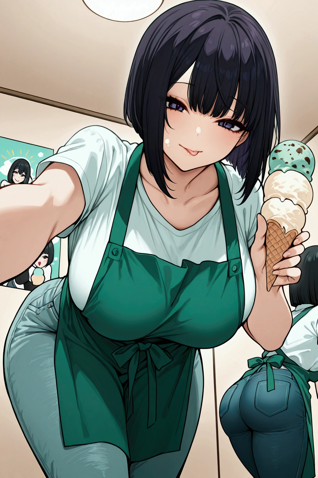 Suck ice cream cone,alone, girl, white shirt, green apron, ice cream seller, ice cream truck, ice cream cone in hand, lick sensual ice cream, dirty gaze, smile, violet eyes, black hair, bob cut, onee san, happy, big breasts, pants jeans, leaning forward, from below, poster quality, high definition, anime colors, ice cream on her cheek, score 9, masterpiece, beautiful, feminine, green saleswoman cap