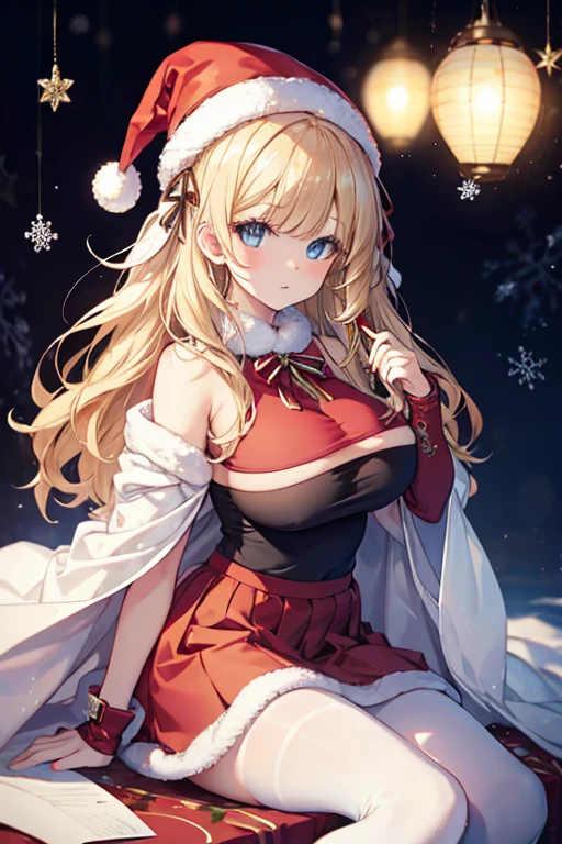 Trees with autumn leaves々and parks with fallen leaves,Autumn leaves,night illumination,fluffy hair,Blonde and light blue inner color,the eyes are orange,Santa Claus costume in voluminous and luxurious winter clothes,Wearing a Santa Claus hat,Lace is used abundantly,Reindeer and sleigh,Standing Prayer Pose,Hands folded in front of the chest,SEX,AHE Face,Sexy lips,Troubled face,It has a lustful look,heart mark,red tide,ecstacy,