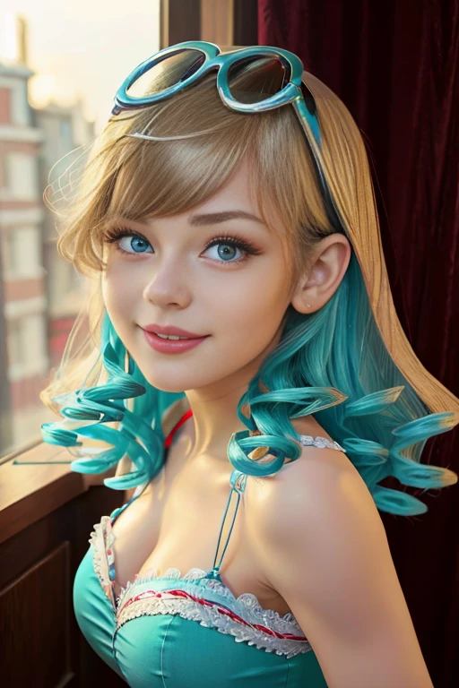 (The best quality, 4k, 8k, High Resolutions, masterpiece:1.2), ultra detailed, detailed face, Detailed lips and eyes......, cute makeup , attractive appearance, expressive face, realist,
TO BREAK  Loud ,beautiful caucasian woman with shoulder length messy wavy blonde hair,short blonde hair , brown eyebrows, big blue eyes, clear skin, slim and athletic, Long hair , blond hair,
TO BREAK  (dynamic  pose)  ,Nice smile,  Soft sunlight illuminating the scene, Subtle movement of the wind in the hair, cheerful expression, gloomy atmosphere, Suave, Natural lighting that emphasizes your features......, Subtle shadows that add depth and dimension to the image......, (maduro) , posing sexy , cute makeup , Red lips , blue eye shadow , leni loud , She is wearing a turquoise dress, black glasses on the head, happy , Whole body , vestido rojo navideño , vestido de navidad , navidad, sexy