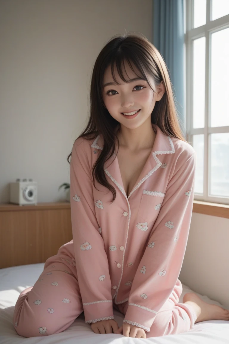 (score_9,score_8_up,score_7_up,Extremely high quality pictures ),  1 girl , Alone、Teenage Japanese woman 、In pajamas、I have a slight chest、 upper body raised in bed、 looking at me with a smile 、Bright sunlight coming through the window 、（ full body）、