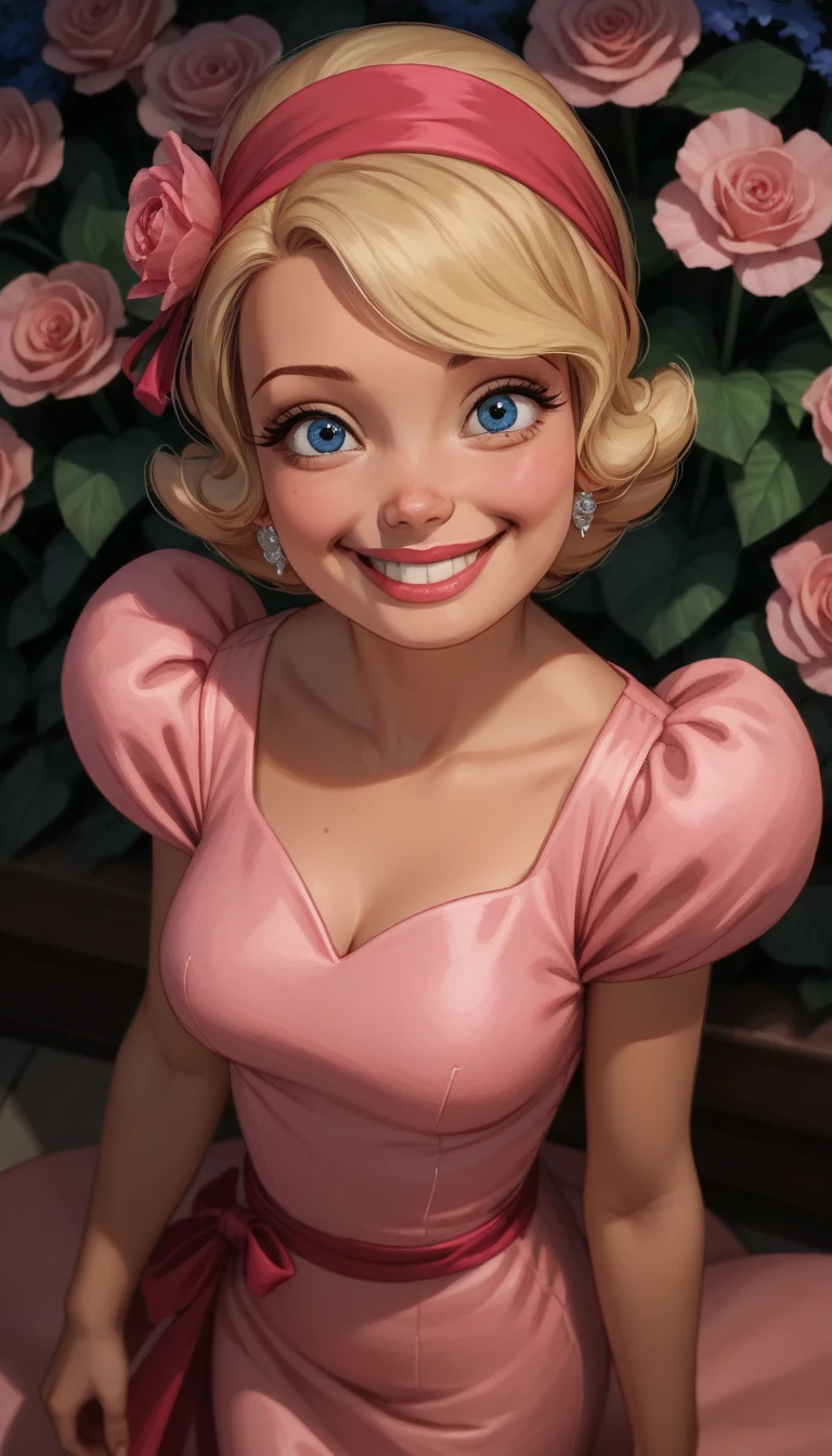 score_9, score_8_above, score_7_above, score_6_above, score_5_above, score_4_above, CLaBouff, 1 ,  blonde hair ,  Blue Eyes, just the face, closed smile,  looking at the viewer, seductive look, upper part neckline , pink silk dress, flowers in the background 