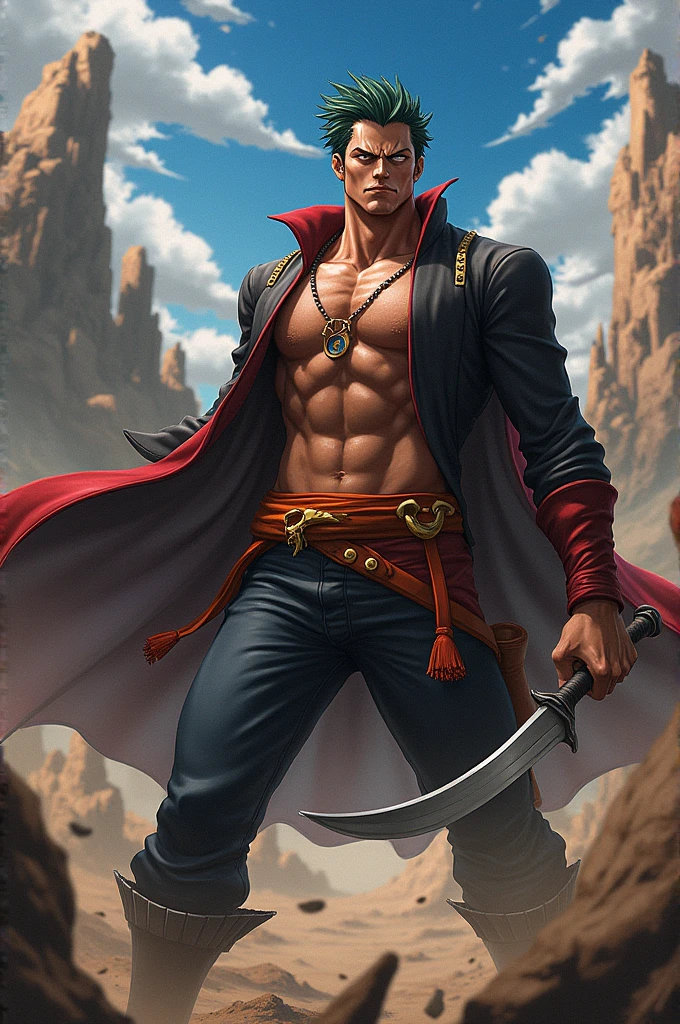 A skypiean a race from the world of one piece. This man’s name is Azu, he has an obsession with killing a god. He is covered in tattoos that have a meaning to his people and wields a giant bazooka. He also has black wings a trait from a special tribe in the sky.