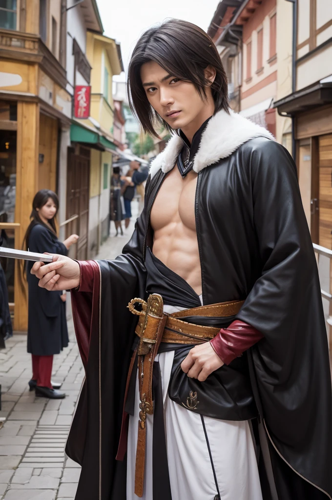 an eighteen year old Japanese man with a razualvemte full physique, have fair skin, I want you to have blue eyes and your hair covers your left eye with bangs, one eye covered by bangs, has a serious expression, and wears a white kimono, has a black cape on its back and has a strong look.. captured in an ultra-realistic full HD 4K portrait, detailed texture showing its menacing shape, Immersive atmosphere, high definition shadow play, digitalpainting, nevoa no environment. he is a swordsman. Add big bangs that cover your left eye completely.