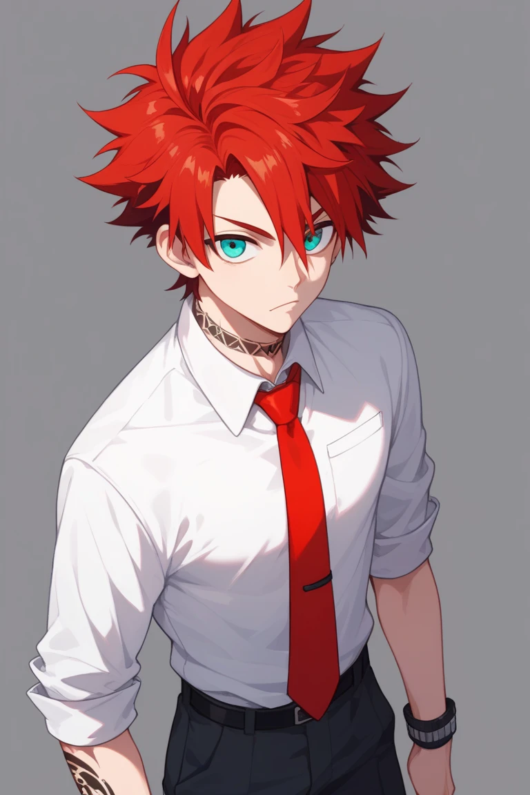 1 boy, Gaara, the jinchuriki of Shukaku. He has a slender build and medium height, with pale skin and turquoise eyes surrounded by dark circles. Red hair, very short hair, spiky hair, messy look hair. He is wearing a school uniform, consisting of a white shirt, black pants, and a red tie. Masterpiece, ultra-detailed, high quality. He has a tattoo Kanji 爱 in the left side of his forehead. His posture is firm, with an imposing presence.