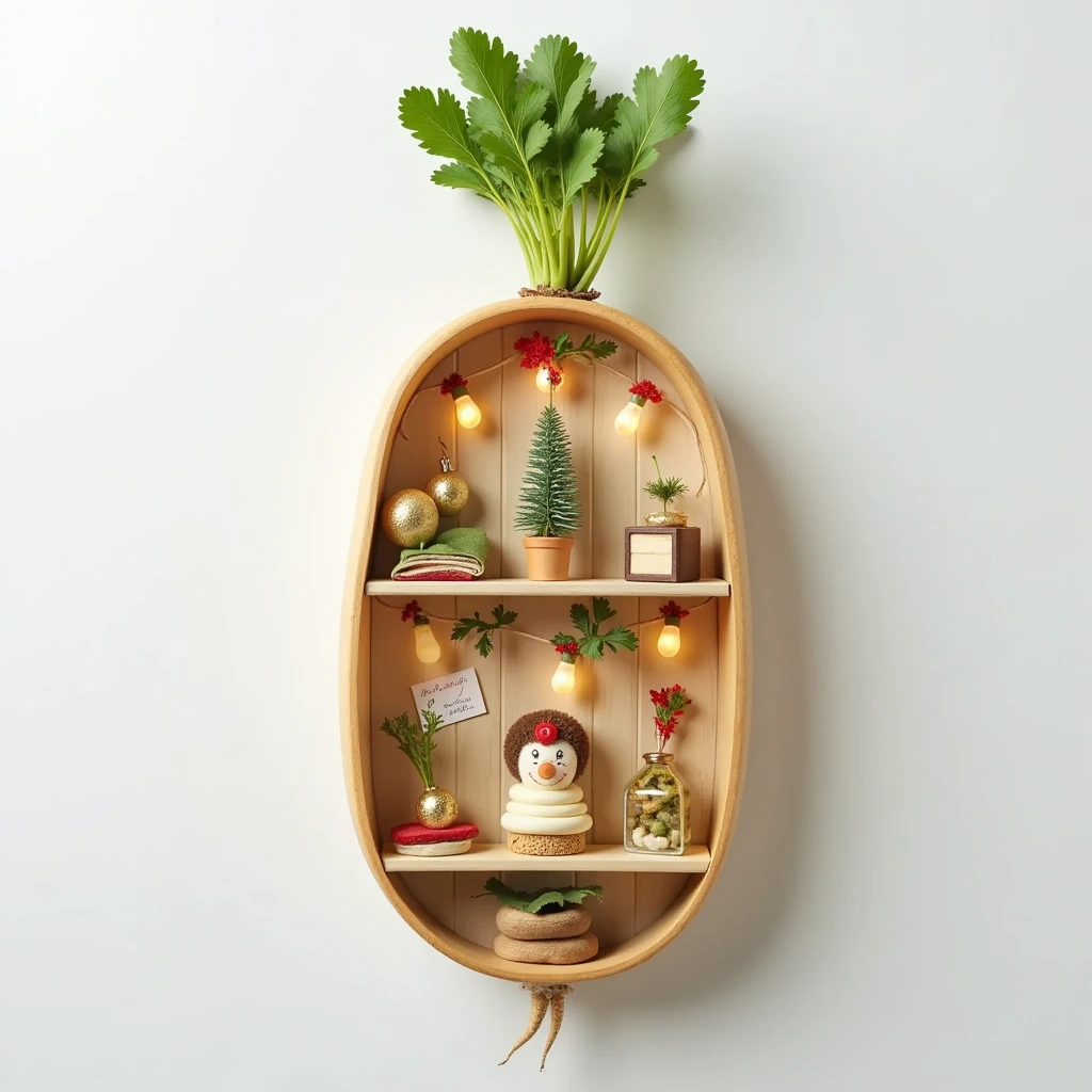 This scene depicts "The World Inside a Radish." The radish is cut in half, revealing a detailed room within. The interior is wooden, featuring warm hues characteristic of natural wood. The room is adorned with Christmas decorations, including red and green ribbons, golden ornaments, and a small Christmas tree. Softly glowing light bulbs create a cozy atmosphere. Handmade Christmas cards hang on the walls, and outside the window, snow gently falls. Overall, the scene presents a fantastical and dreamlike space, evoking warmth and joy for the viewer.