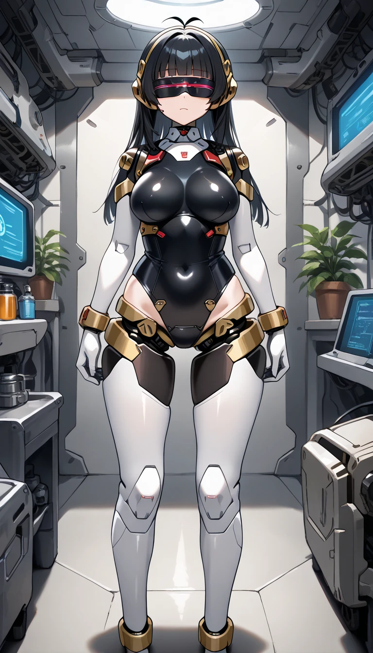 masterpiece, best quality, extremely detailed, (8K, 4K, Best Quality, hight resolution, 超A high resolution:1.1), ,8k portrait, Japaese android Girl,Plump , dark black leg cover,announcer,control panels,android,Droid,Mechanical Hand, Robot arms and legs, Black Robot Parts,Black long hair,Mechanical body,Blunt bangs,perfect mechanical abdomen,White robotics parts,perfect robot woman,future laboratory,cyber pank,charging spot,laboratory,long tube,thick cable connected her neck,white ceramic body ,perfect mechanical body, white robot body,lod antenna,mechanical ear cover,android,robot humanoid,black sponge joints,The removable cover is in the groin,The connection port is in the groin,opened chest panel,access panel on the chest,opened breast panel,perfect mechanical breast,perfect black machine body,perfect black android body,She has repaired,assembly plant,dark black tights,dark black leggings,smile,pussy,no human skin,visor