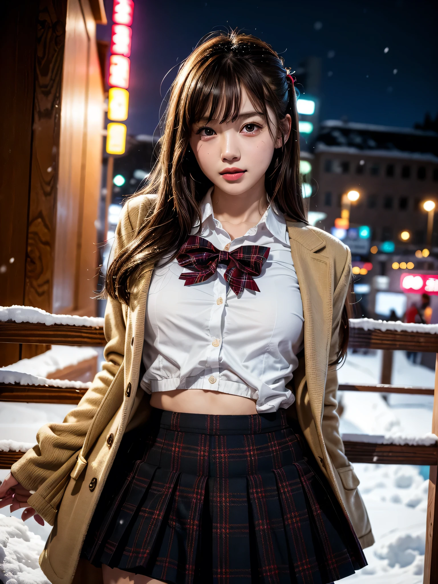 ((solo)), ((1 girl)), Panties Small, shopping, shop, market, coffee shop, ((night)), ((snowing)), ((snow)), ((Embarrassing)), 1girl, brown hair, long hair, bangs, brown eyes, big breasts, large breasts, red bowtie, school uniform, black jacket, open jacket, brown cardigan, white shirt, black skirt, plaid skirt, high school girl, blush, White underwear is visible, droopy eyes, shiny skin, beautiful breasts, beautiful ass, cute face, Japanese idol, real person, slightly smile, smile, happy, love, caring, appreciate,