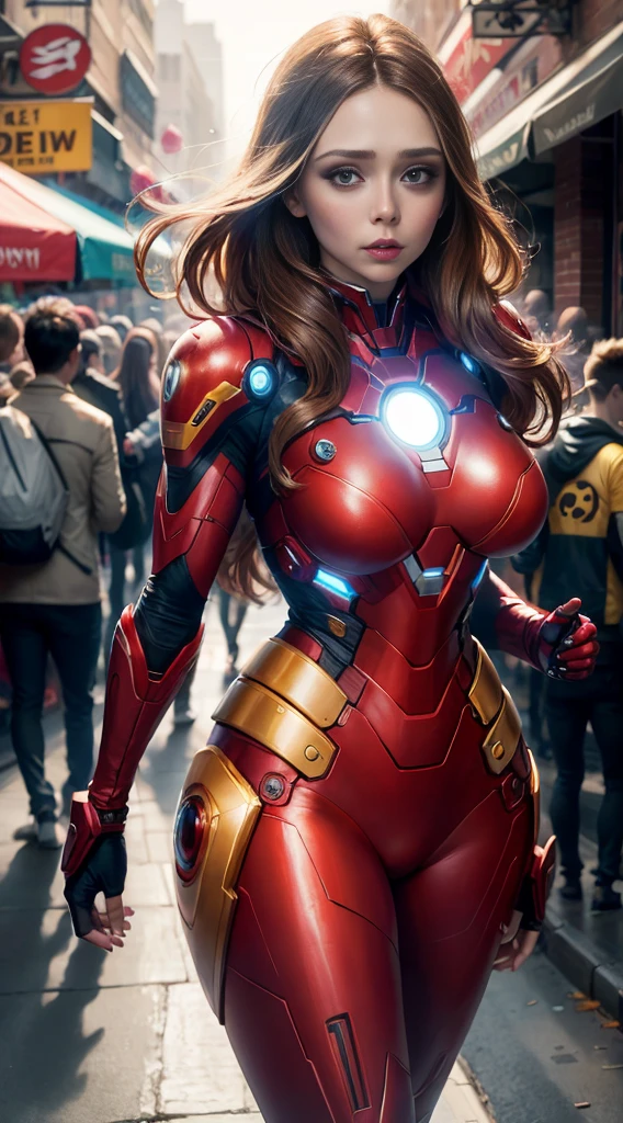 une femme de 25 ans, rousse, sexy, romantic smile, a lot of details, ironman cosplay, sexy, lingerie robotique